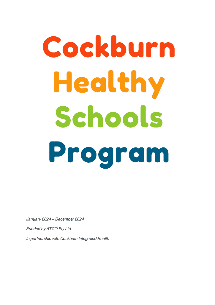 Child-friendly colorful logo for Cockburn Healthy Lifestyle Service promoting health, wellbeing, and lifestyle programs for schools and children.