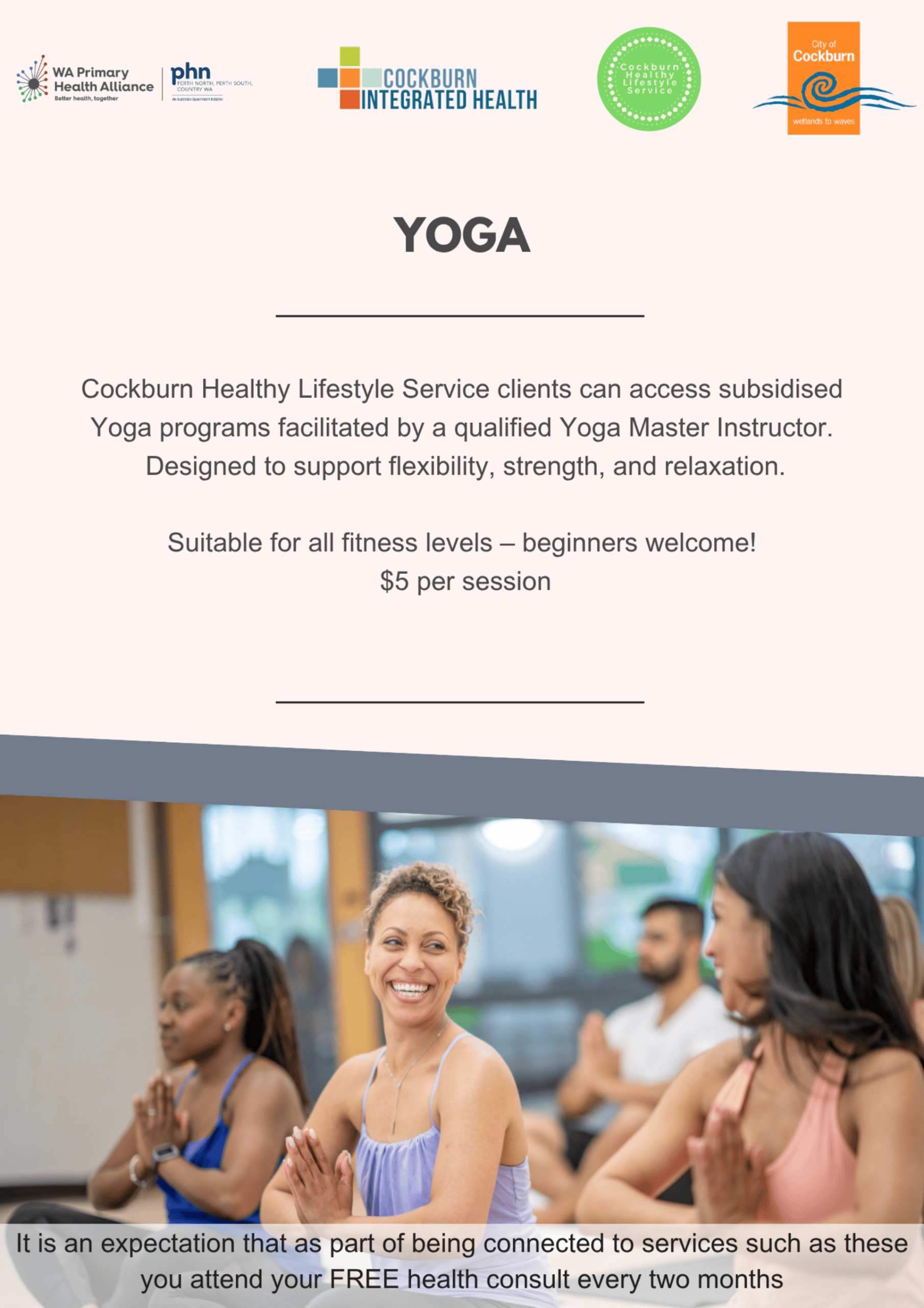 Relaxing yoga class at Cockburn Healthy Lifestyle Service promoting flexibility, strength, and relaxation for all fitness levels; affordable sessions with expert instruction.
